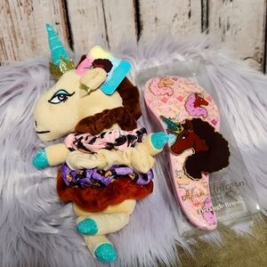 NWT Afro Unicorn Plush Unicorn Scrunchie Set and Detangle Brush